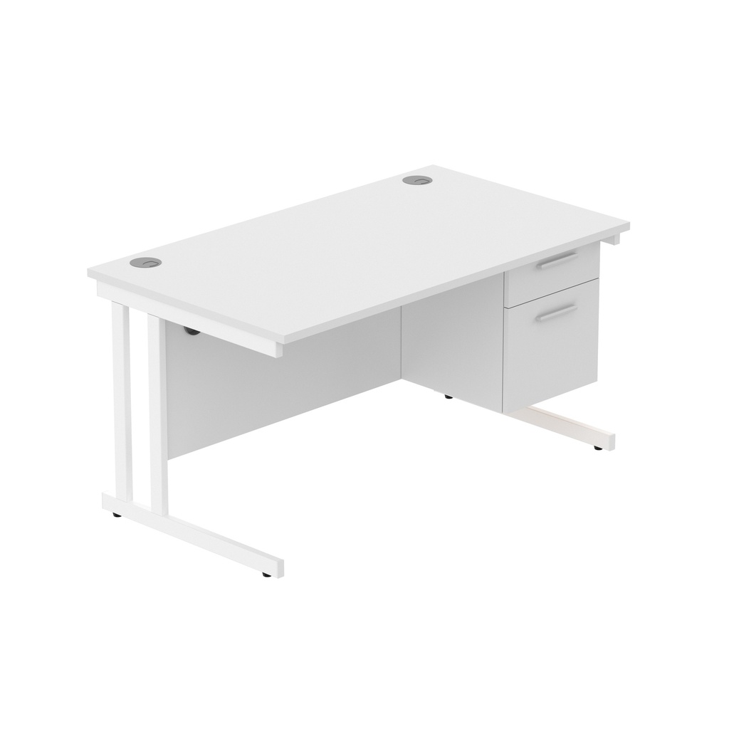 Office Rectangular Desk With Steel Double Upright Cantilever Legs + 2 Draw Fixed Pedestal  (Fsc) | 1400X800 | Arctic White/White