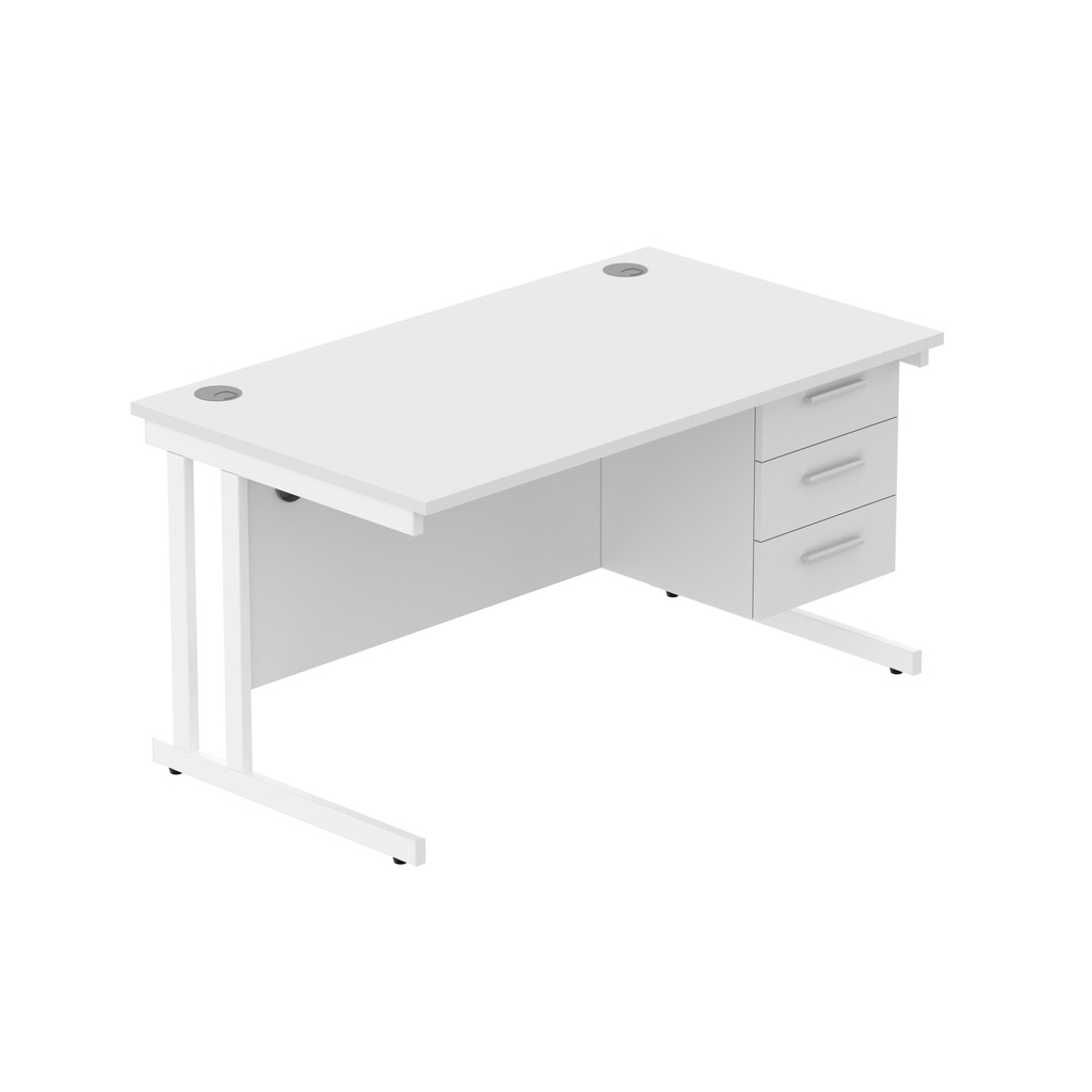 Office Rectangular Desk With Steel Double Upright Cantilever Legs + 3 Draw Fixed Pedestal  (Fsc) | 1400X800 | Arctic White/White
