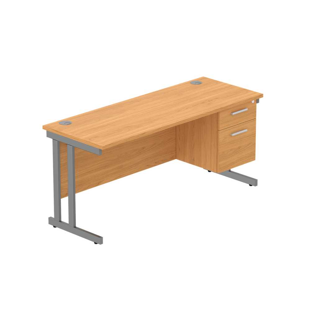 Office Rectangular Desk With Steel Double Upright Cantilever Legs + 2 Draw Fixed Pedestal  (Fsc) | 1600X600 | Norwegian Beech/Graphite