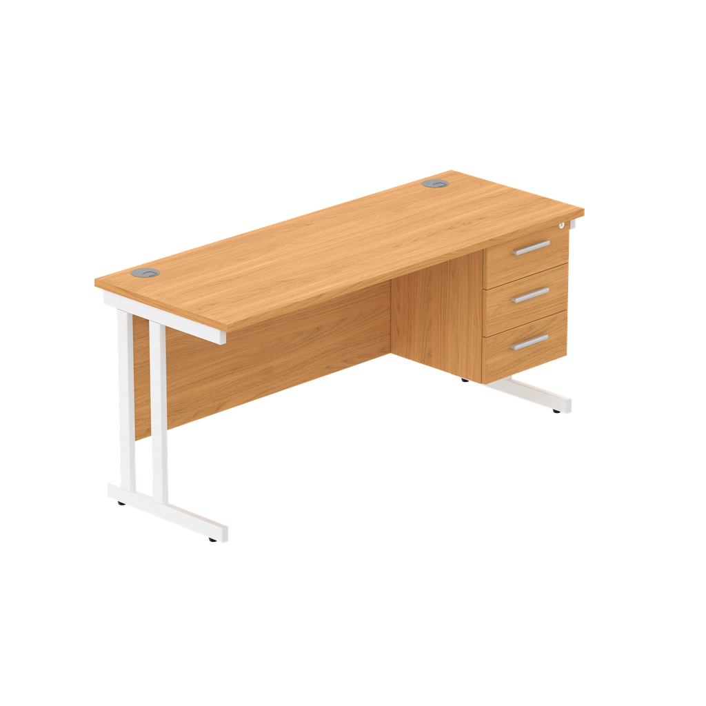 Office Rectangular Desk With Steel Double Upright Cantilever Legs + 3 Draw Fixed Pedestal  (Fsc) | 1600X600 | Norwegian Beech/White