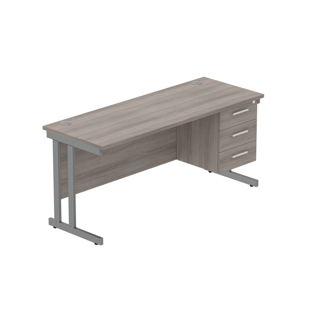Office Rectangular Desk With Steel Double Upright Cantilever Legs + 3 Draw Fixed Pedestal  (Fsc) | 1600X600 | Alaskan Grey Oak/Graphite