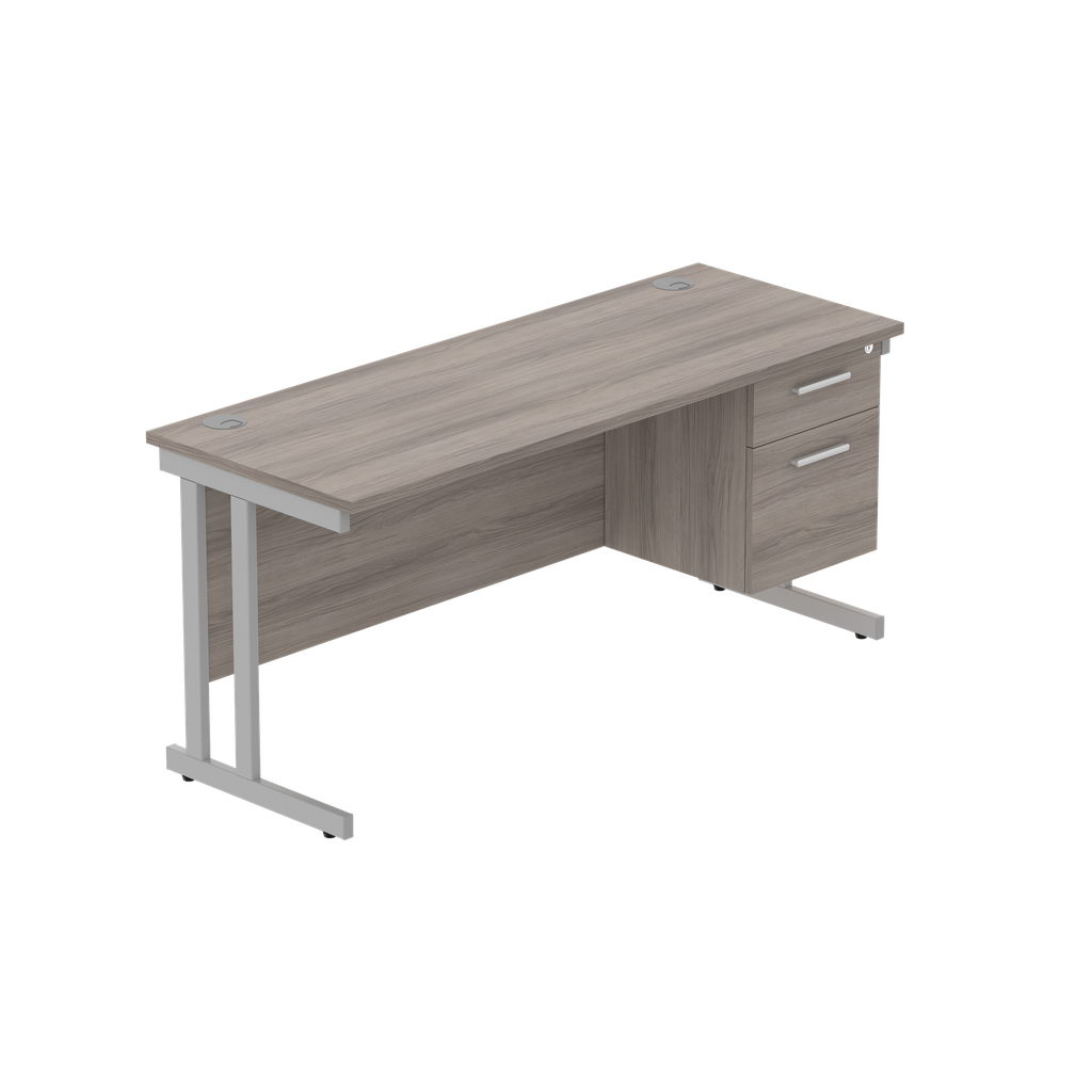 Office Rectangular Desk With Steel Double Upright Cantilever Legs + 2 Draw Fixed Pedestal  (Fsc) | 1600X600 | Alaskan Grey Oak/Silver