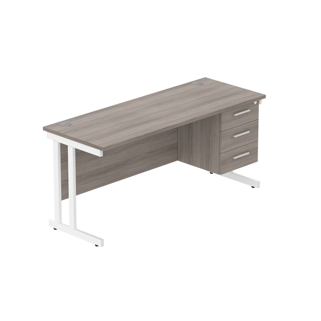 Core|Double Upright|Rectangular Desk With 3 Drawer Fixed Pedestal|1600X600|Alaskan Grey Oak-White