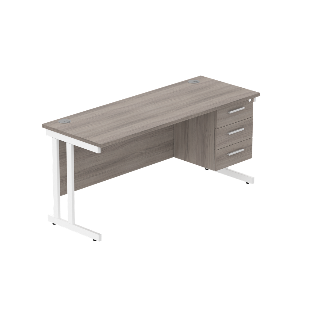 Office Rectangular Desk With Steel Double Upright Cantilever Legs + 3 Draw Fixed Pedestal  (Fsc) | 1600X600 | Alaskan Grey Oak/White