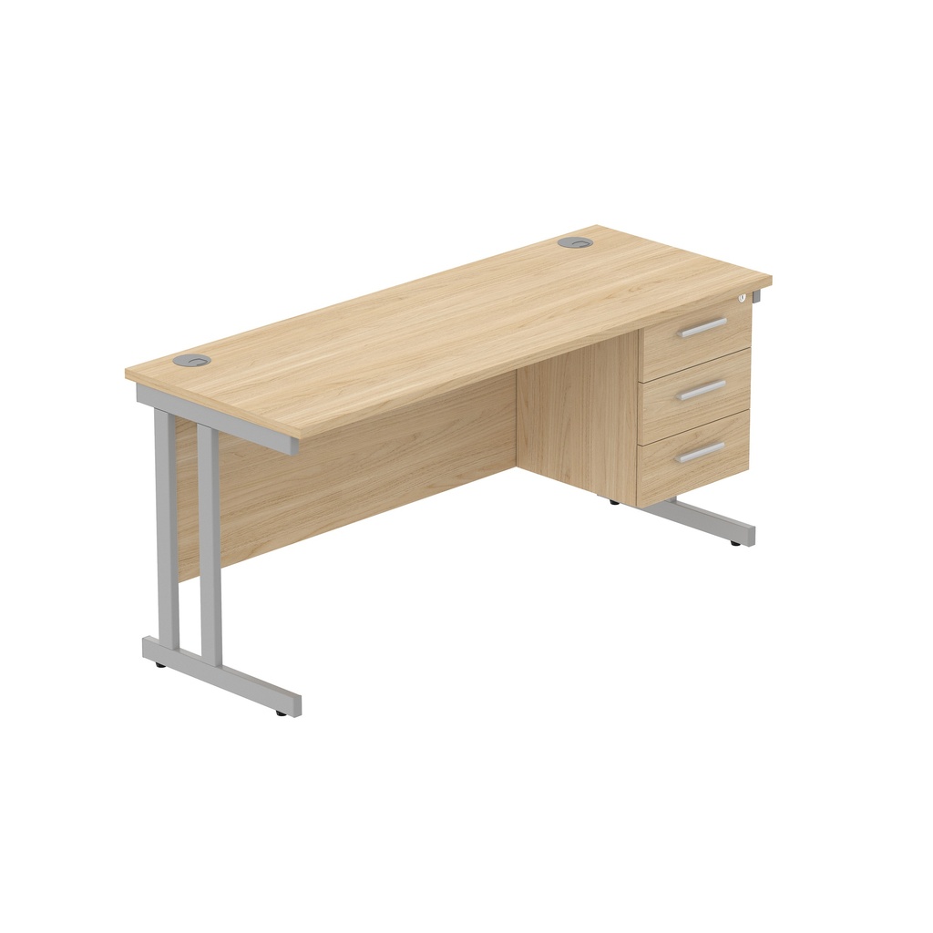 Core|Double Upright|Rectangular Desk With 3 Drawer Fixed Pedestal|1600X600|Canadian Oak-Silver