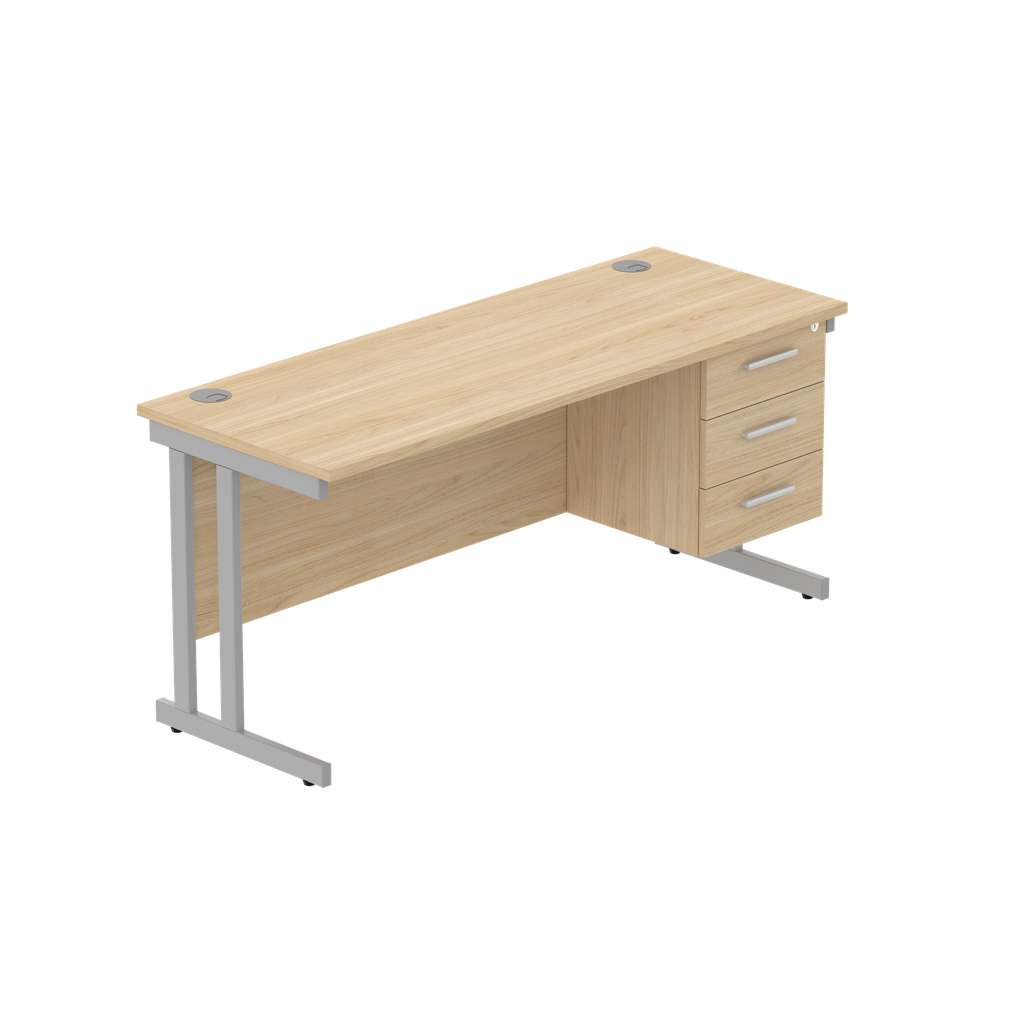 Office Rectangular Desk With Steel Double Upright Cantilever Legs + 3 Draw Fixed Pedestal  (Fsc) | 1600X600 | Canadian Oak/Silver