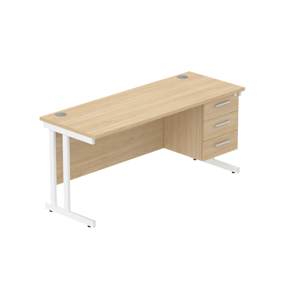Office Rectangular Desk With Steel Double Upright Cantilever Legs + 3 Draw Fixed Pedestal  (Fsc) | 1600X600 | Canadian Oak/White