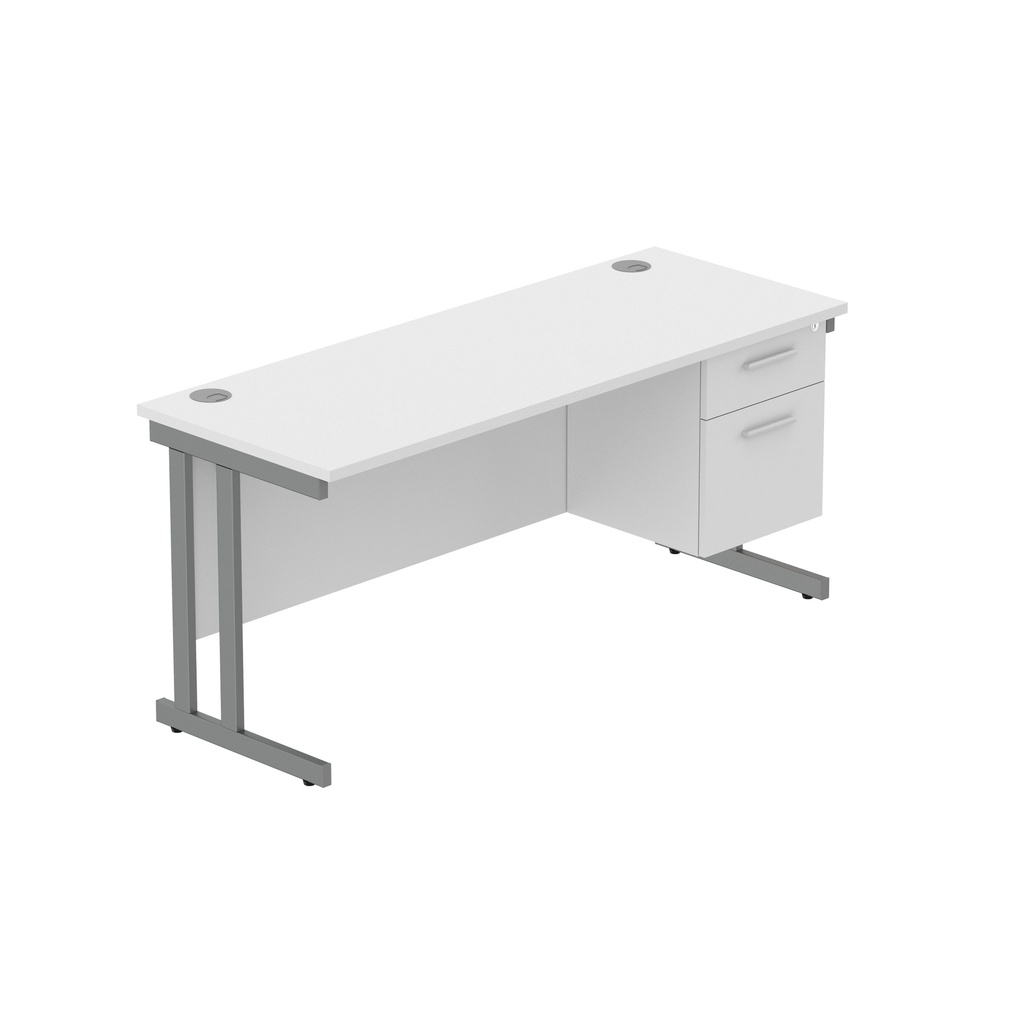 Office Rectangular Desk With Steel Double Upright Cantilever Legs + 2 Draw Fixed Pedestal  (Fsc) | 1600X600 | Arctic White/Graphite