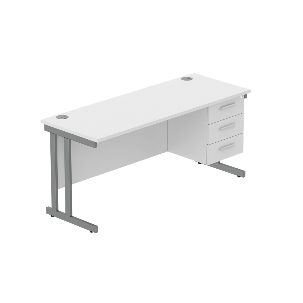 Office Rectangular Desk With Steel Double Upright Cantilever Legs + 3 Draw Fixed Pedestal  (Fsc) | 1600X600 | Arctic White/Graphite