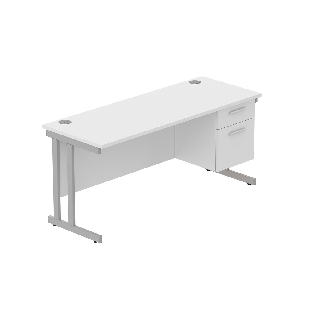 Office Rectangular Desk With Steel Double Upright Cantilever Legs + 2 Draw Fixed Pedestal  (Fsc) | 1600X600 | Arctic White/Silver