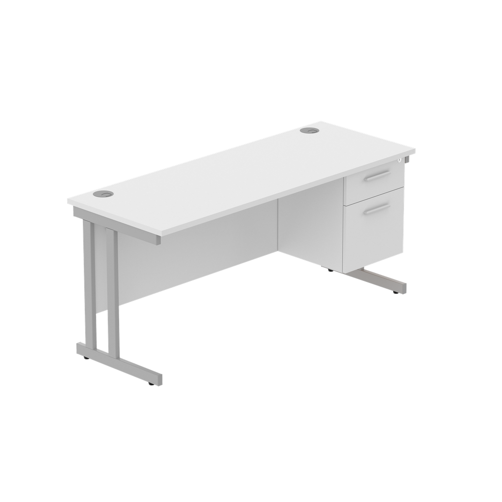 Office Rectangular Desk With Steel Double Upright Cantilever Legs + 2 Draw Fixed Pedestal  (Fsc) | 1600X600 | Arctic White/Silver