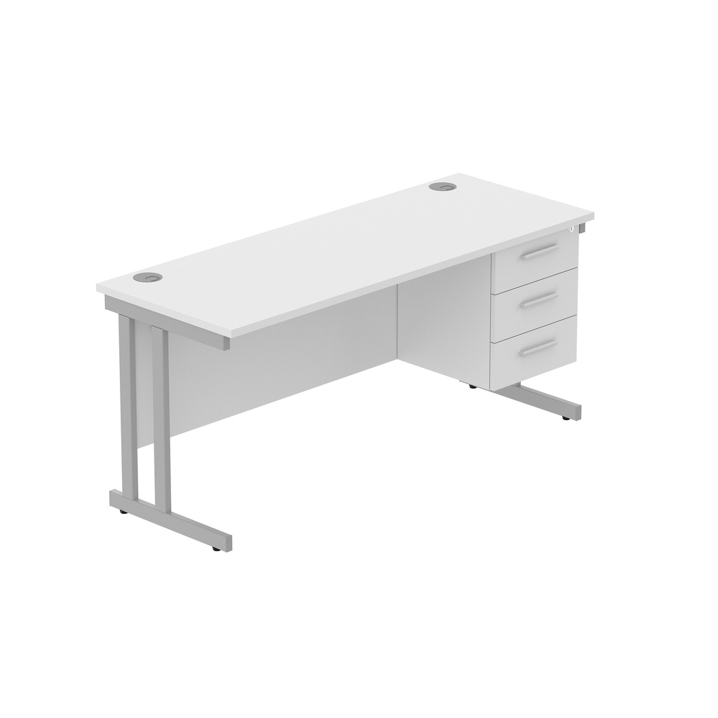 Core|Double Upright|Rectangular Desk With 3 Drawer Fixed Pedestal|1600X600|Arctic White-Silver