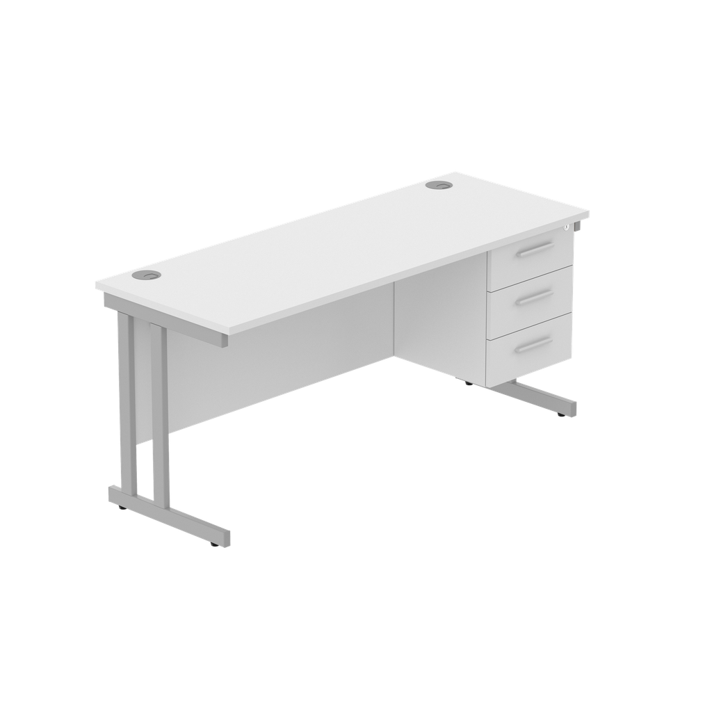 Office Rectangular Desk With Steel Double Upright Cantilever Legs + 3 Draw Fixed Pedestal  (Fsc) | 1600X600 | Arctic White/Silver