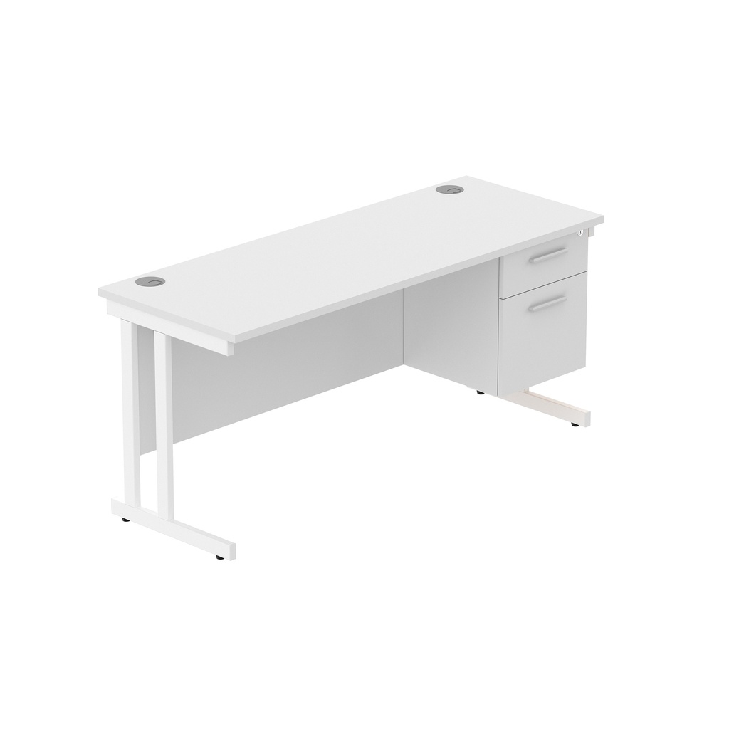 Office Rectangular Desk With Steel Double Upright Cantilever Legs + 2 Draw Fixed Pedestal  (Fsc) | 1600X600 | Arctic White/White