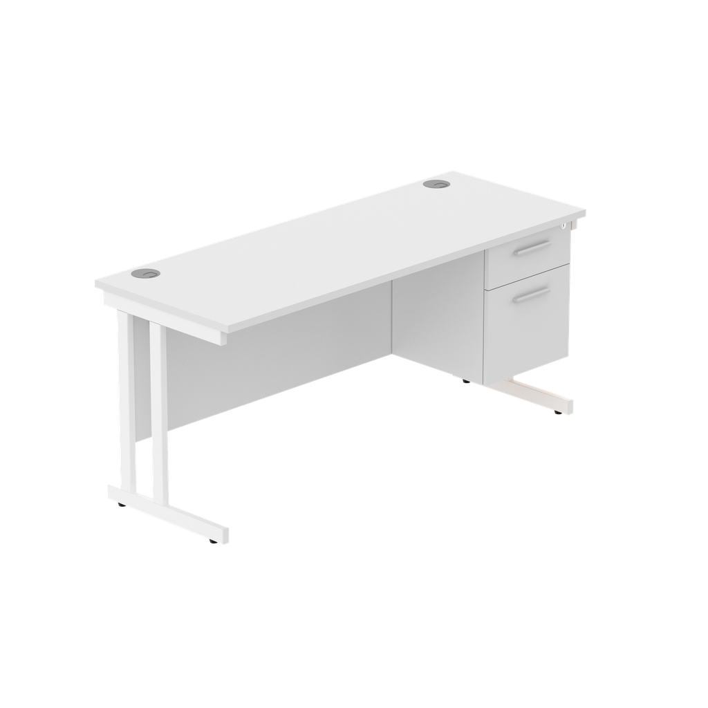 Office Rectangular Desk With Steel Double Upright Cantilever Legs + 2 Draw Fixed Pedestal  (Fsc) | 1600X600 | Arctic White/White