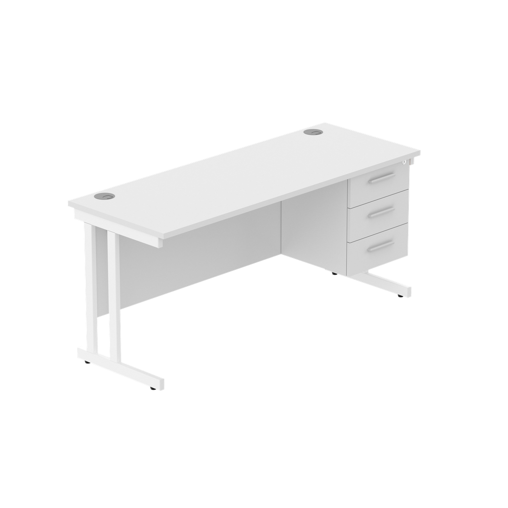 Office Rectangular Desk With Steel Double Upright Cantilever Legs + 3 Draw Fixed Pedestal  (Fsc) | 1600X600 | Arctic White/White