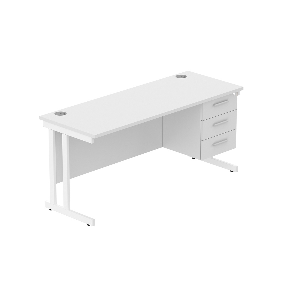 Office Rectangular Desk With Steel Double Upright Cantilever Legs + 3 Draw Fixed Pedestal  (Fsc) | 1600X600 | Arctic White/White