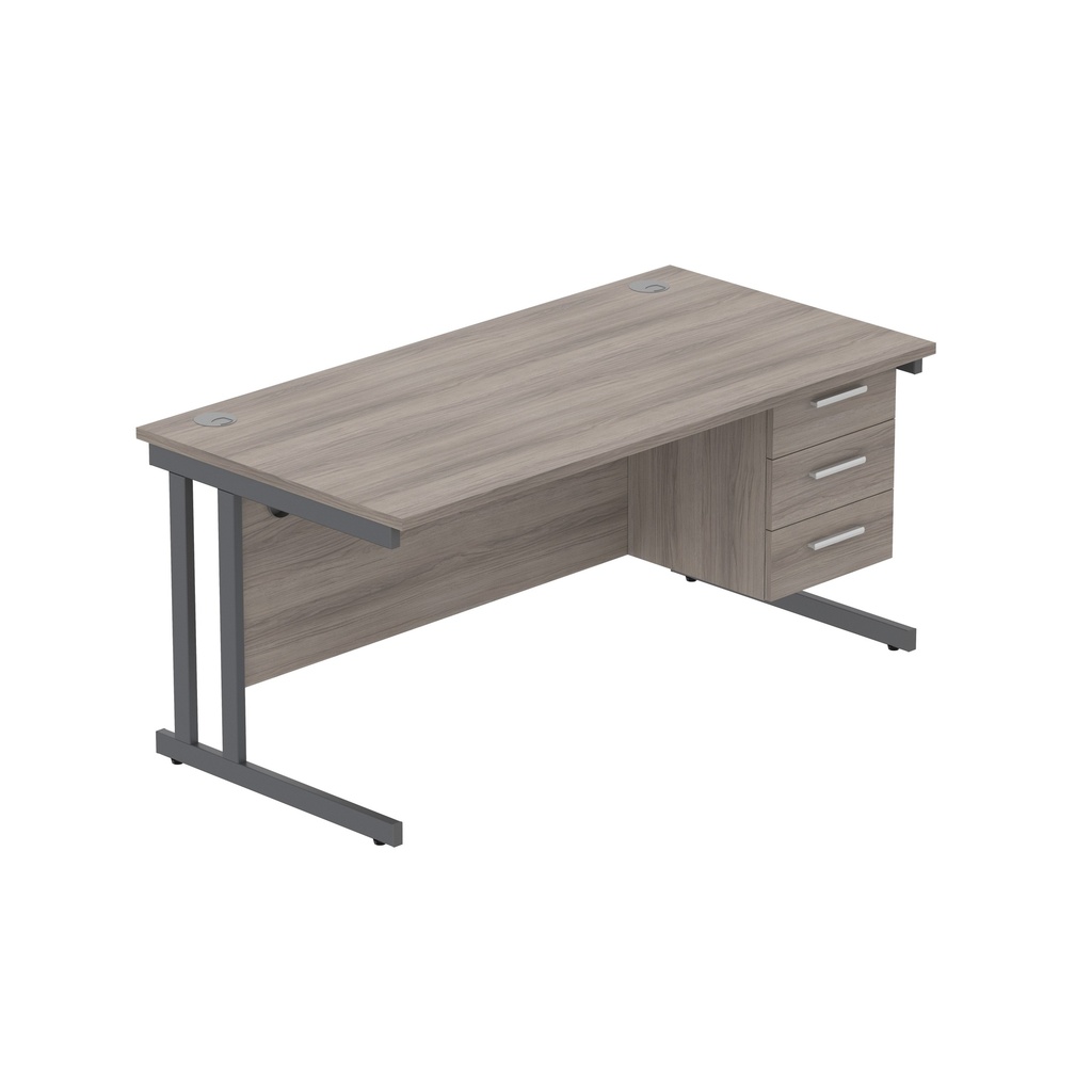 Office Rectangular Desk With Steel Double Upright Cantilever Legs + 3 Draw Fixed Pedestal  (Fsc) | 1600X800 | Alaskan Grey Oak/Graphite