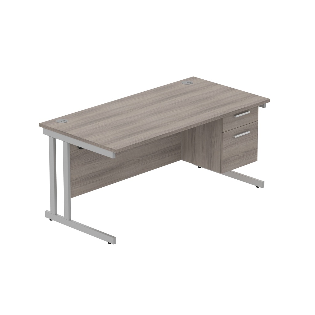 Office Rectangular Desk With Steel Double Upright Cantilever Legs + 2 Draw Fixed Pedestal  (Fsc) | 1600X800 | Alaskan Grey Oak/Silver