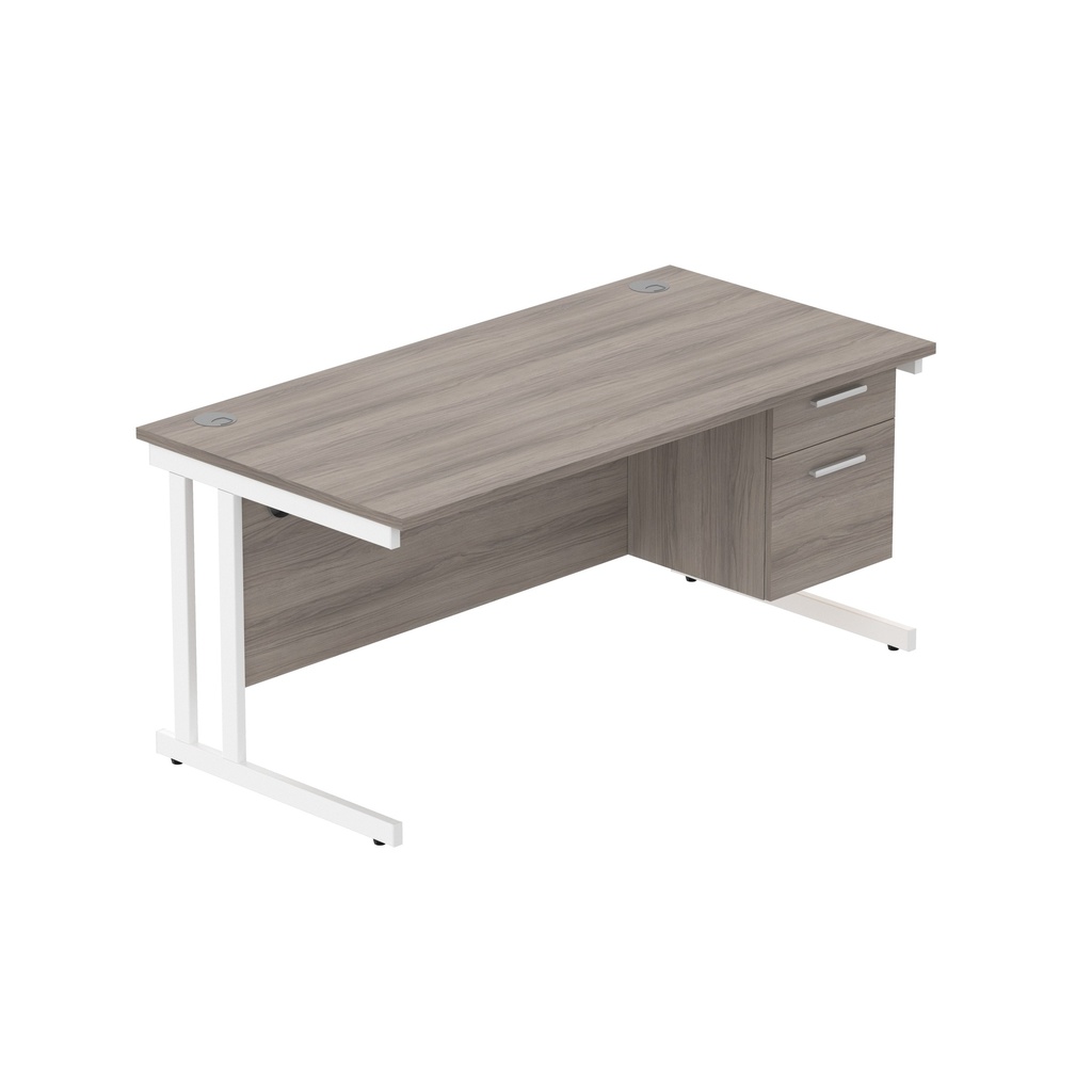 Office Rectangular Desk With Steel Double Upright Cantilever Legs + 2 Draw Fixed Pedestal  (Fsc) | 1600X800 | Alaskan Grey Oak/White