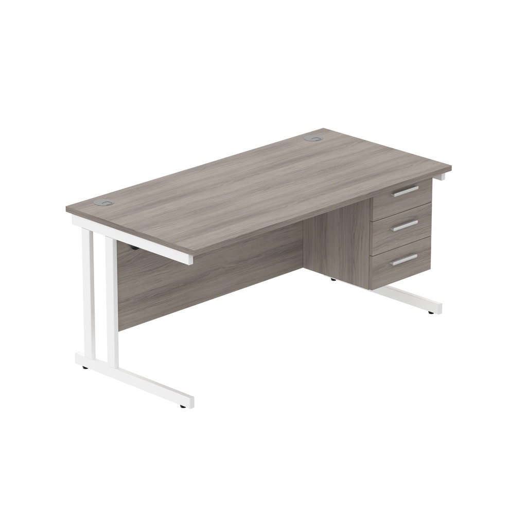 Office Rectangular Desk With Steel Double Upright Cantilever Legs + 3 Draw Fixed Pedestal  (Fsc) | 1600X800 | Alaskan Grey Oak/White