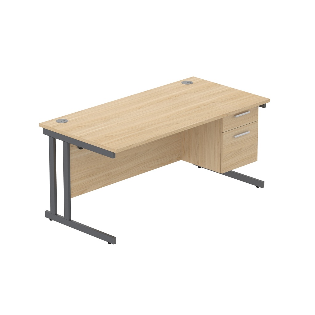 Office Rectangular Desk With Steel Double Upright Cantilever Legs + 2 Draw Fixed Pedestal  (Fsc) | 1600X800 | Canadian Oak/Graphite