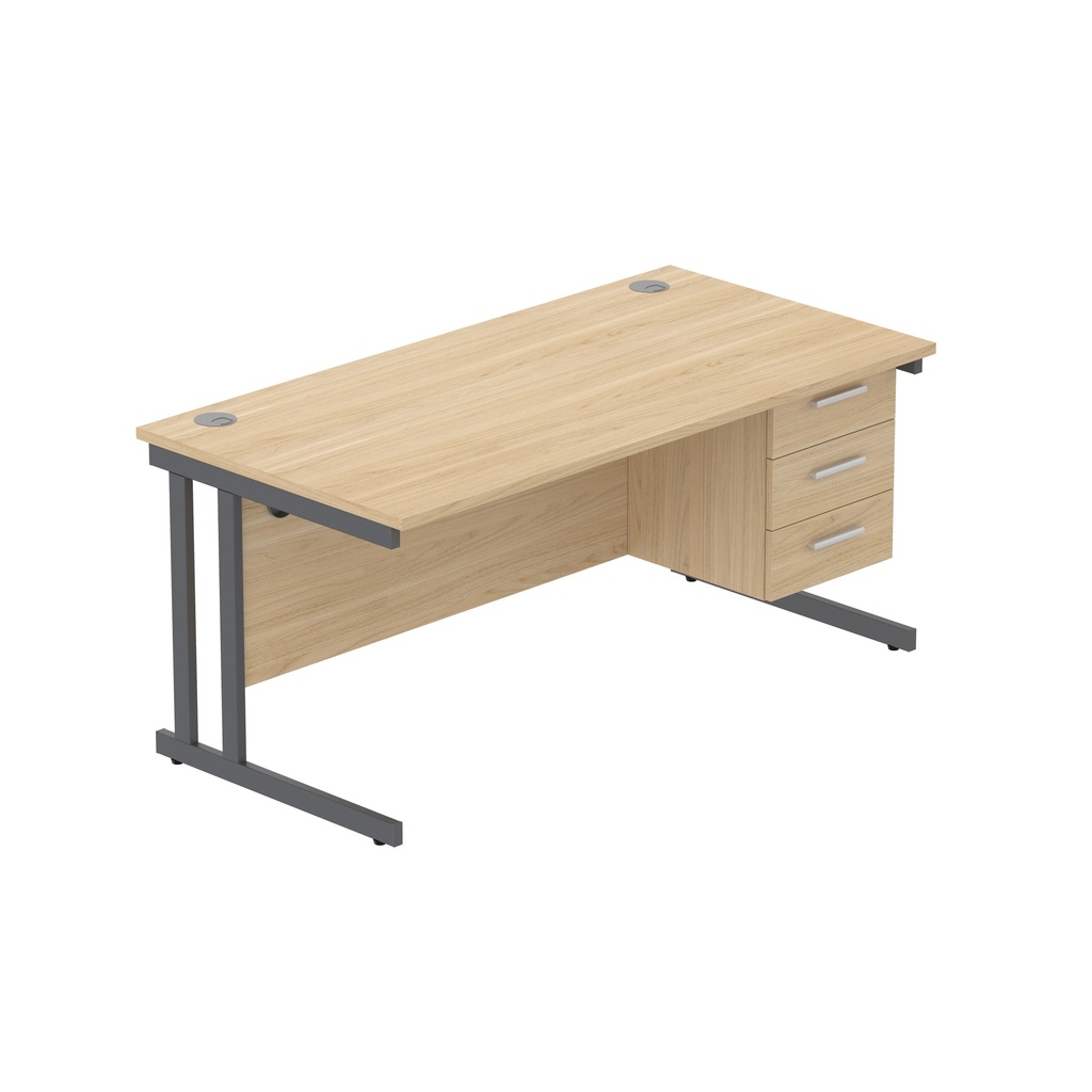 Office Rectangular Desk With Steel Double Upright Cantilever Legs + 3 Draw Fixed Pedestal  (Fsc) | 1600X800 | Canadian Oak/Graphite