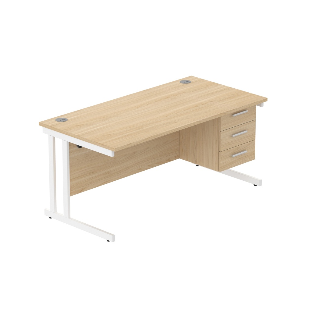 Office Rectangular Desk With Steel Double Upright Cantilever Legs + 3 Draw Fixed Pedestal  (Fsc) | 1600X800 | Canadian Oak/White