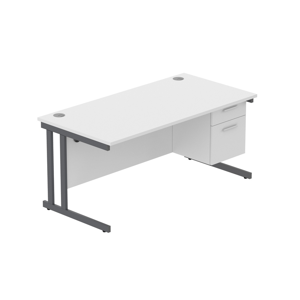 Office Rectangular Desk With Steel Double Upright Cantilever Legs + 2 Draw Fixed Pedestal  (Fsc) | 1600X800 | Arctic White/Graphite
