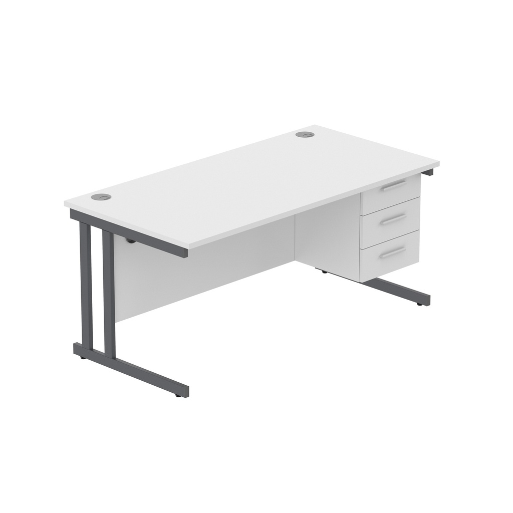Office Rectangular Desk With Steel Double Upright Cantilever Legs + 3 Draw Fixed Pedestal  (Fsc) | 1600X800 | Arctic White/Graphite