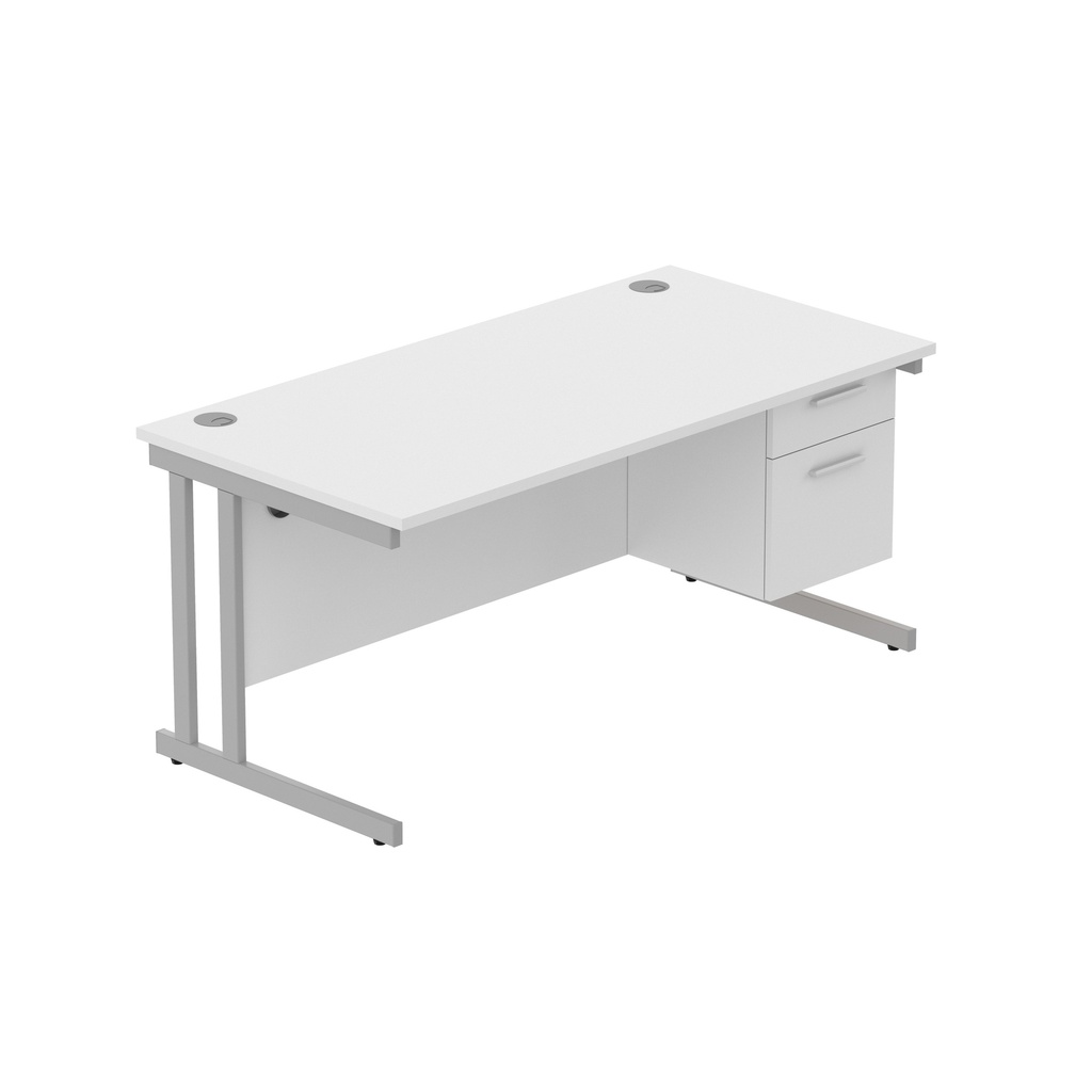 Office Rectangular Desk With Steel Double Upright Cantilever Legs + 2 Draw Fixed Pedestal  (Fsc) | 1600X800 | Arctic White/Silver