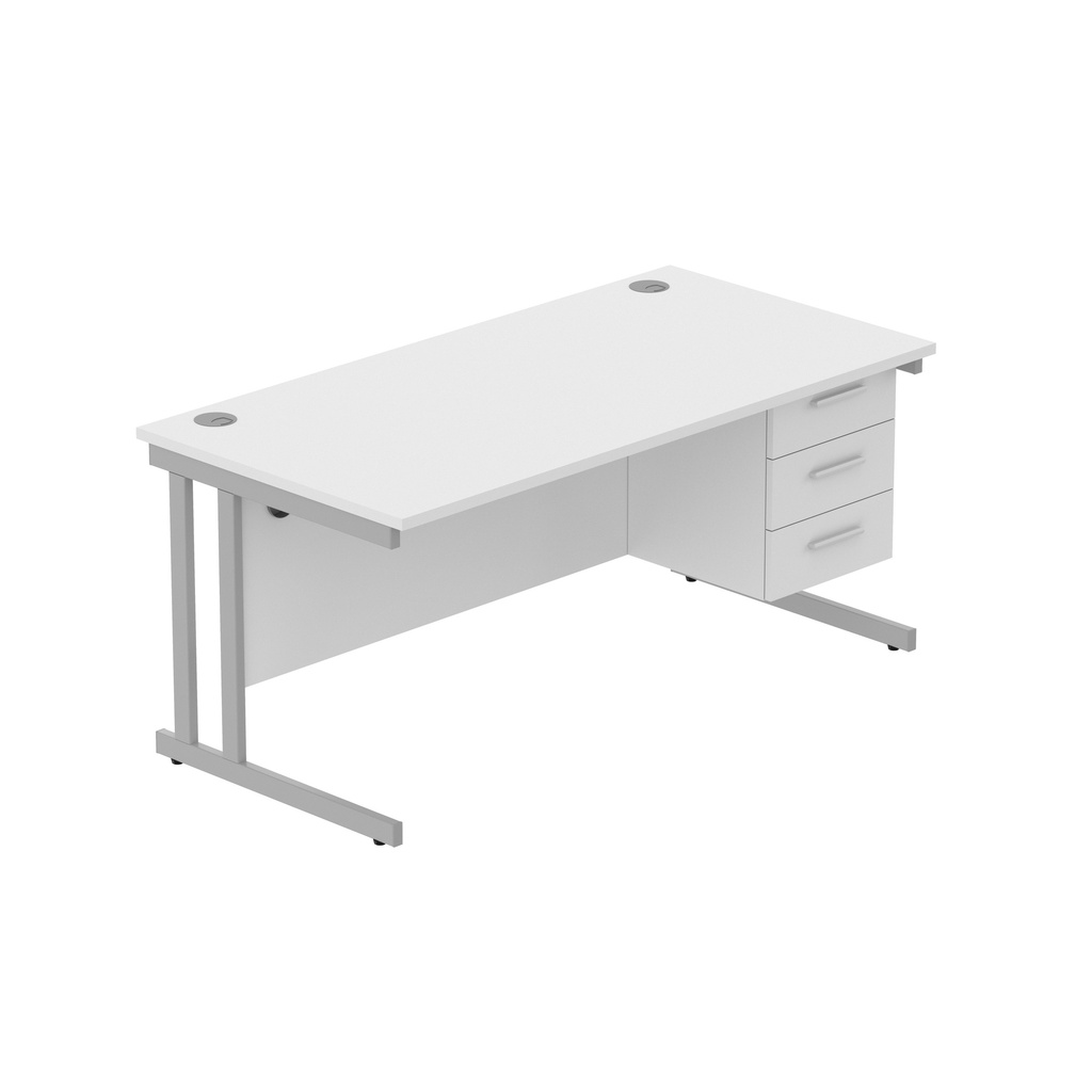 Office Rectangular Desk With Steel Double Upright Cantilever Legs + 3 Draw Fixed Pedestal  (Fsc) | 1600X800 | Arctic White/Silver