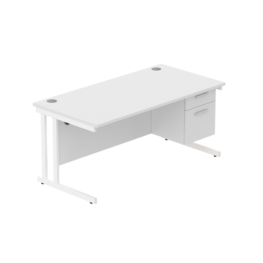 Office Rectangular Desk With Steel Double Upright Cantilever Legs + 2 Draw Fixed Pedestal  (Fsc) | 1600X800 | Arctic White/White