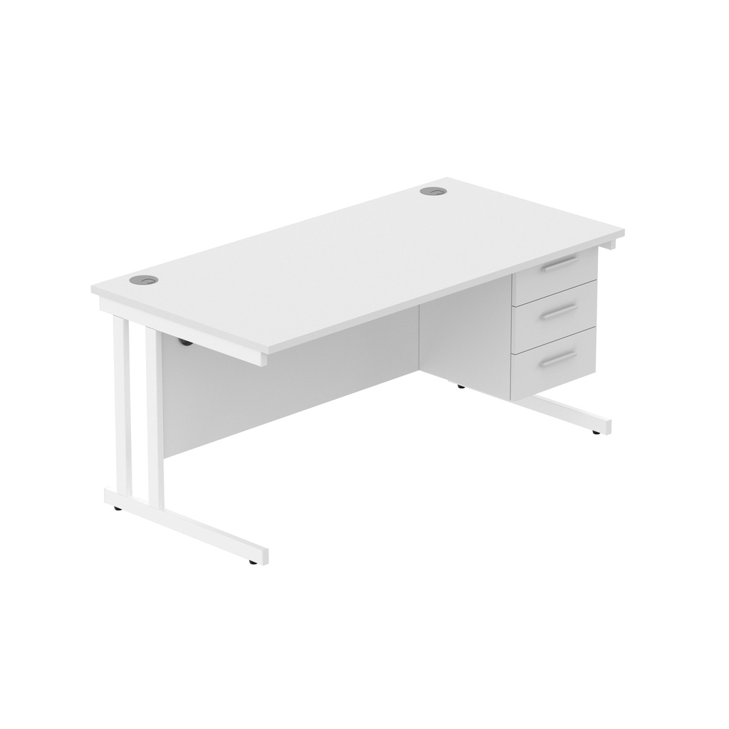 Office Rectangular Desk With Steel Double Upright Cantilever Legs + 3 Draw Fixed Pedestal  (Fsc) | 1600X800 | Arctic White/White