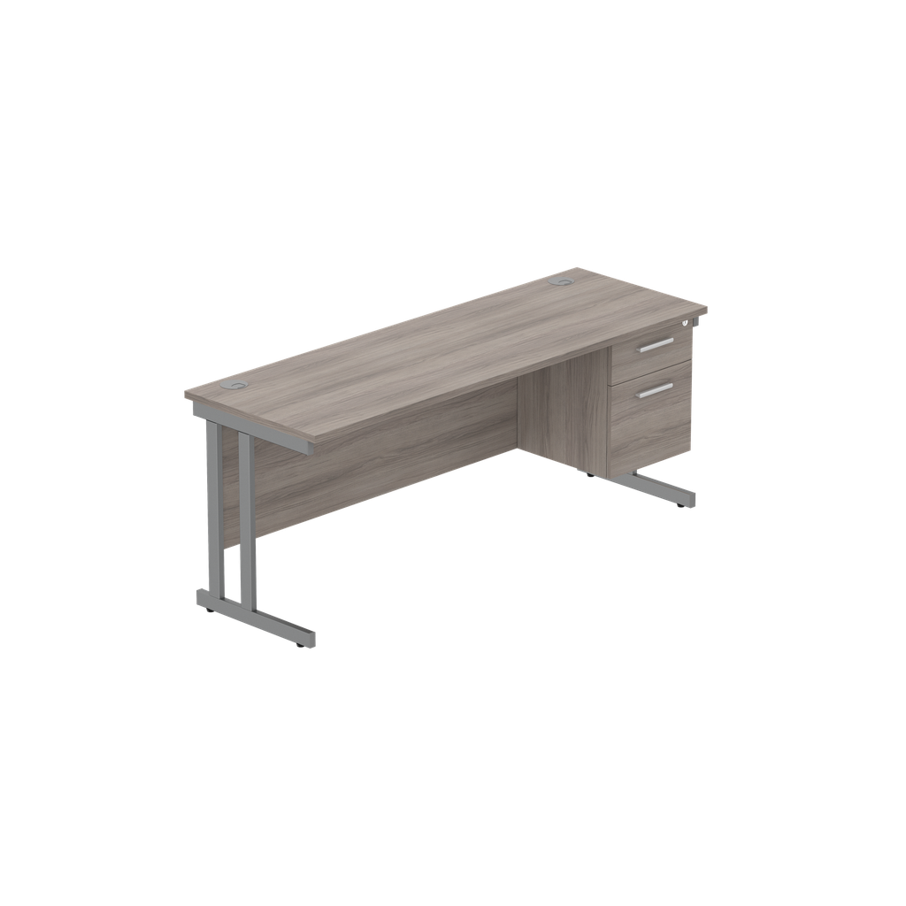 Office Rectangular Desk With Steel Double Upright Cantilever Legs + 2 Draw Fixed Pedestal  (Fsc) | 1800X600 | Alaskan Grey Oak/Graphite