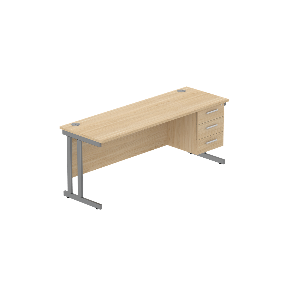 Office Rectangular Desk With Steel Double Upright Cantilever Legs + 3 Draw Fixed Pedestal  (Fsc) | 1800X600 | Canadian Oak/Graphite