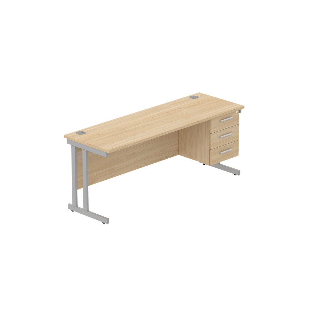 Office Rectangular Desk With Steel Double Upright Cantilever Legs + 3 Draw Fixed Pedestal  (Fsc) | 1800X600 | Canadian Oak/Silver