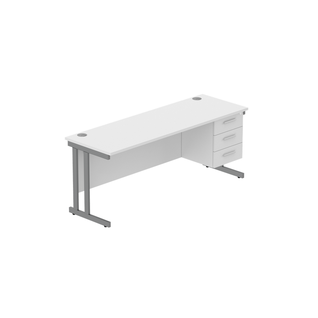 Office Rectangular Desk With Steel Double Upright Cantilever Legs + 3 Draw Fixed Pedestal  (Fsc) | 1800X600 | Arctic White/Graphite