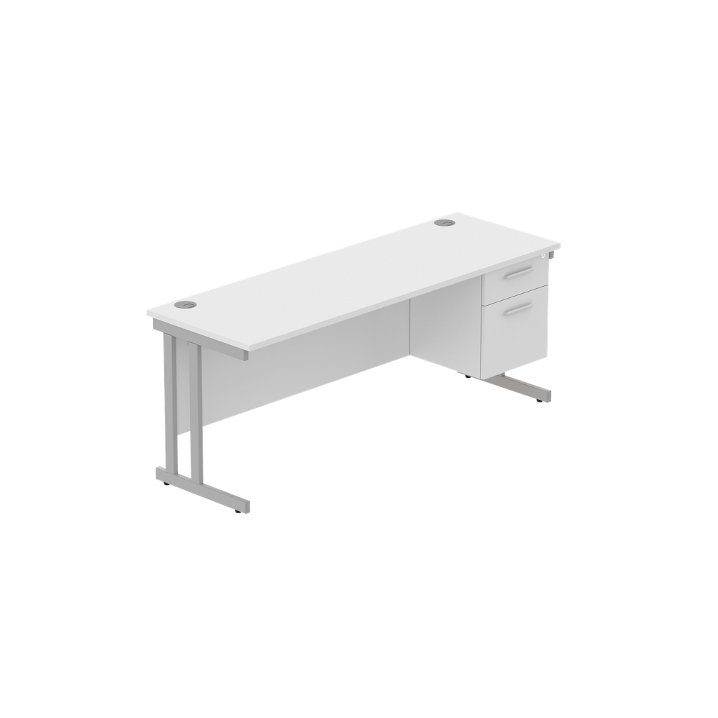 Office Rectangular Desk With Steel Double Upright Cantilever Legs + 2 Draw Fixed Pedestal  (Fsc) | 1800X600 | Arctic White/Silver