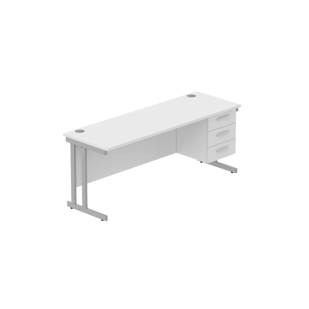 Office Rectangular Desk With Steel Double Upright Cantilever Legs + 3 Draw Fixed Pedestal  (Fsc) | 1800X600 | Arctic White/Silver