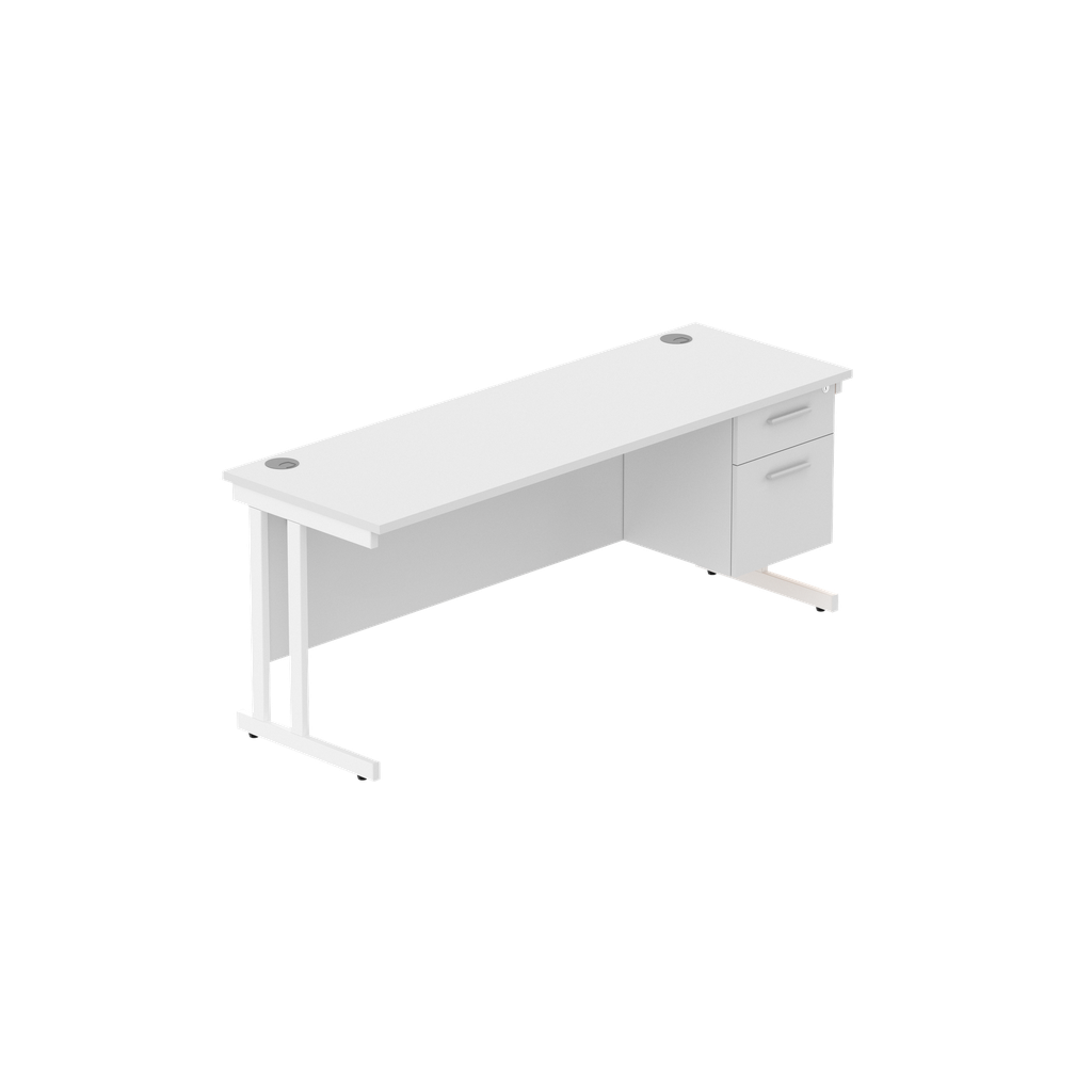 Office Rectangular Desk With Steel Double Upright Cantilever Legs + 2 Draw Fixed Pedestal  (Fsc) | 1800X600 | Arctic White/White