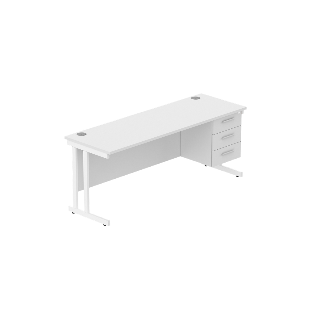 Office Rectangular Desk With Steel Double Upright Cantilever Legs + 3 Draw Fixed Pedestal  (Fsc) | 1800X600 | Arctic White/White