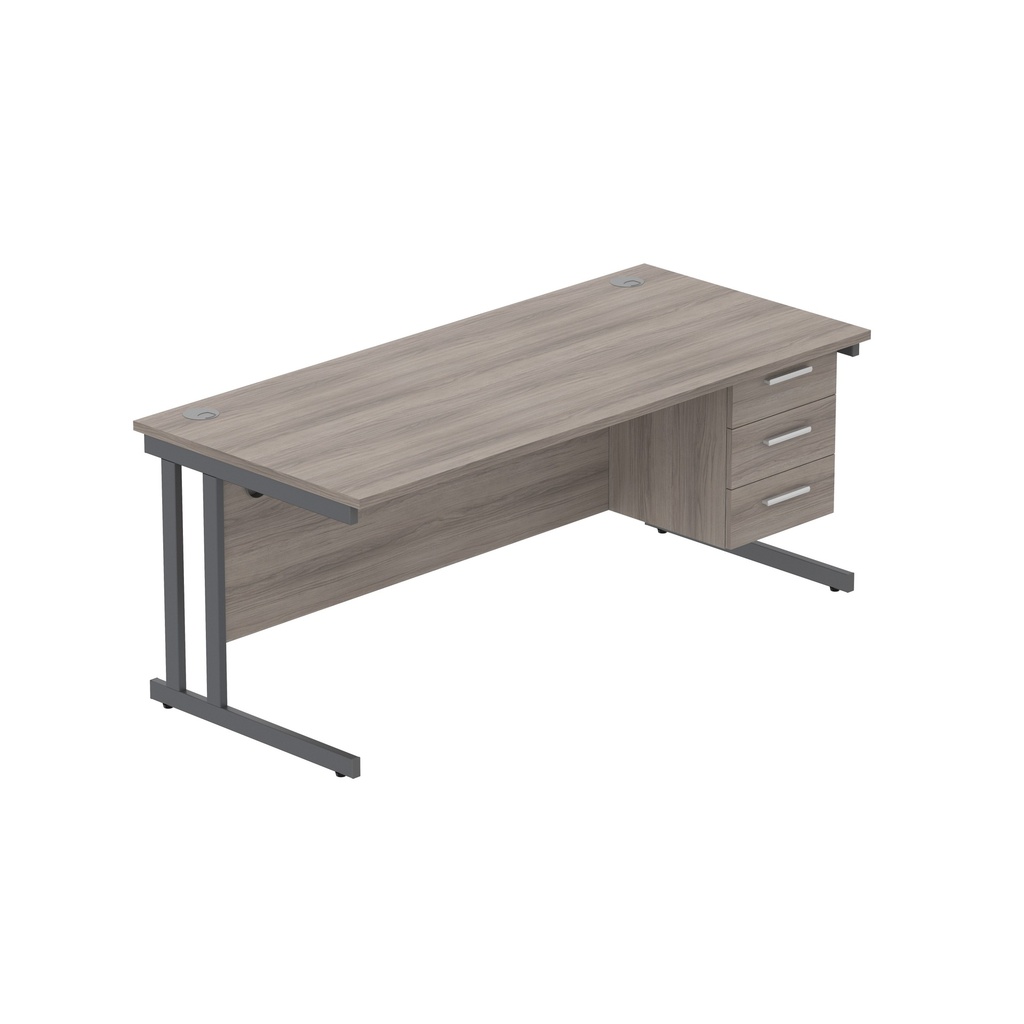 Office Rectangular Desk With Steel Double Upright Cantilever Legs + 3 Draw Fixed Pedestal  (Fsc) | 1800X800 | Alaskan Grey Oak/Graphite