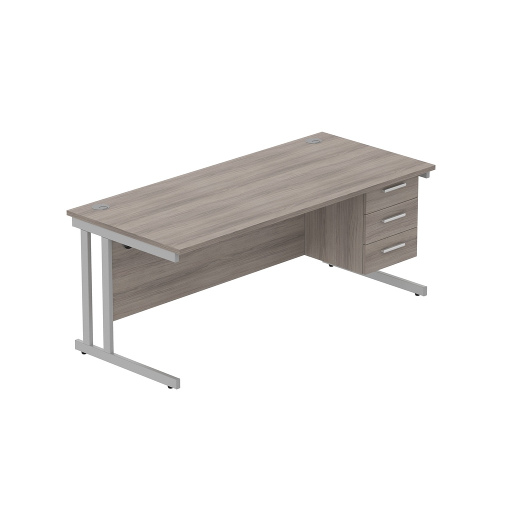 Office Rectangular Desk With Steel Double Upright Cantilever Legs + 3 Draw Fixed Pedestal  (Fsc) | 1800X800 | Alaskan Grey Oak/Silver