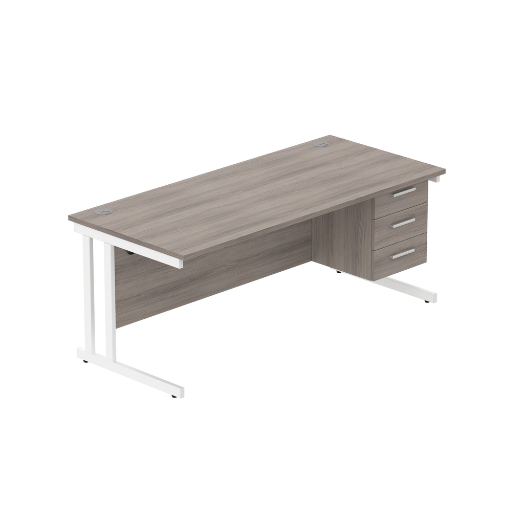 Office Rectangular Desk With Steel Double Upright Cantilever Legs + 3 Draw Fixed Pedestal  (Fsc) | 1800X800 | Alaskan Grey Oak/White