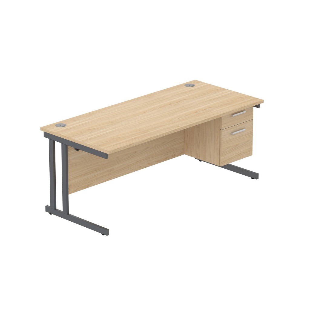 Office Rectangular Desk With Steel Double Upright Cantilever Legs + 2 Draw Fixed Pedestal  (Fsc) | 1800X800 | Canadian Oak/Graphite