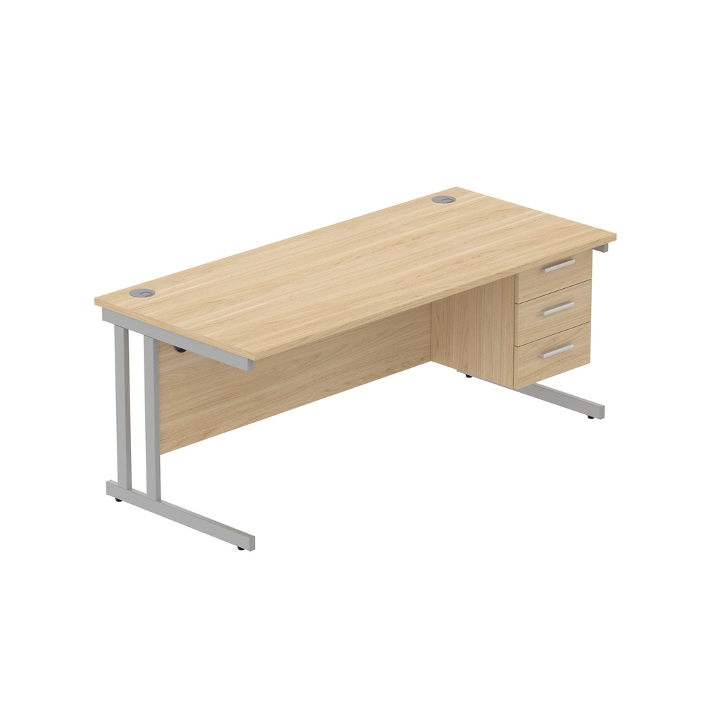 Office Rectangular Desk With Steel Double Upright Cantilever Legs + 3 Draw Fixed Pedestal  (Fsc) | 1800X800 | Canadian Oak/Silver