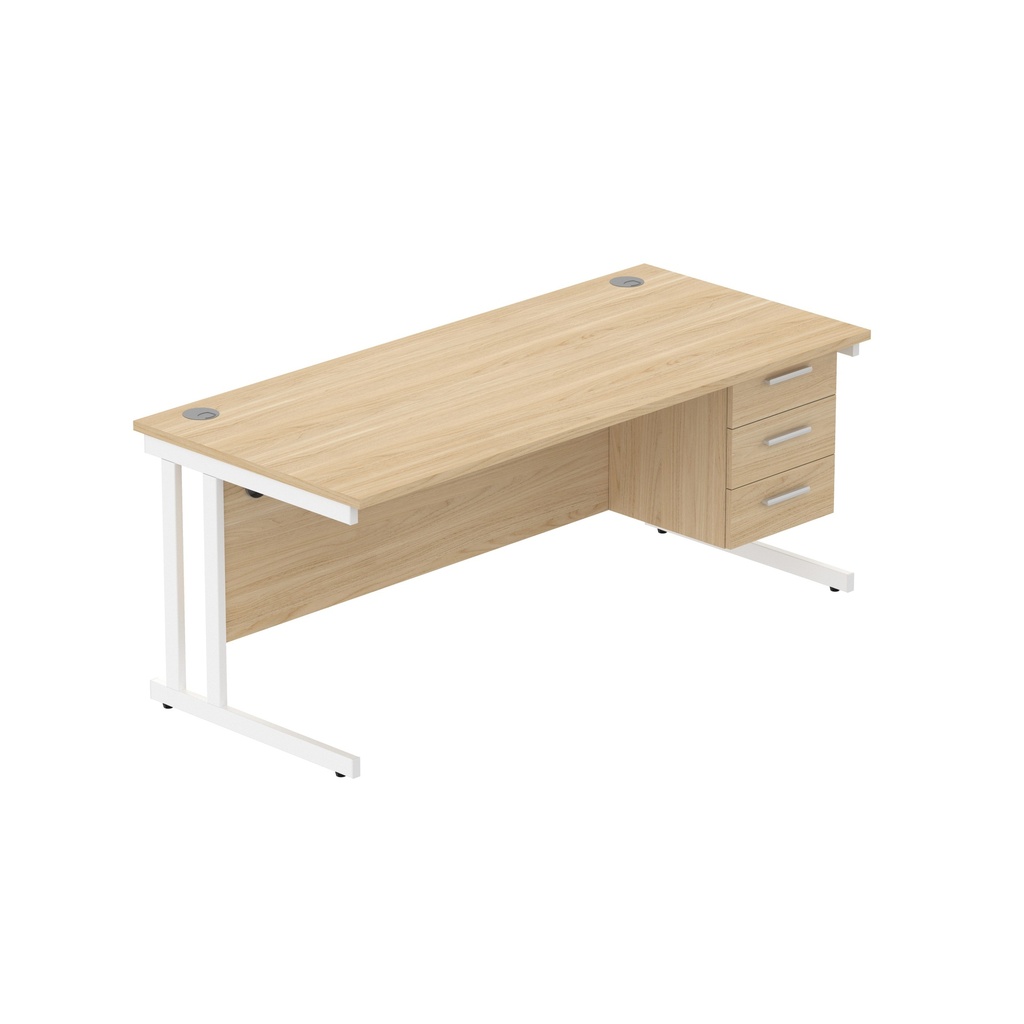 Office Rectangular Desk With Steel Double Upright Cantilever Legs + 3 Draw Fixed Pedestal  (Fsc) | 1800X800 | Canadian Oak/White