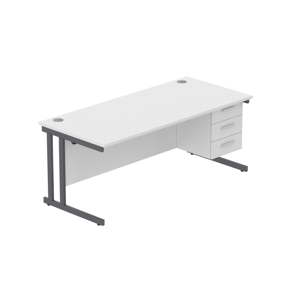 Office Rectangular Desk With Steel Double Upright Cantilever Legs + 3 Draw Fixed Pedestal  (Fsc) | 1800X800 | Arctic White/Graphite