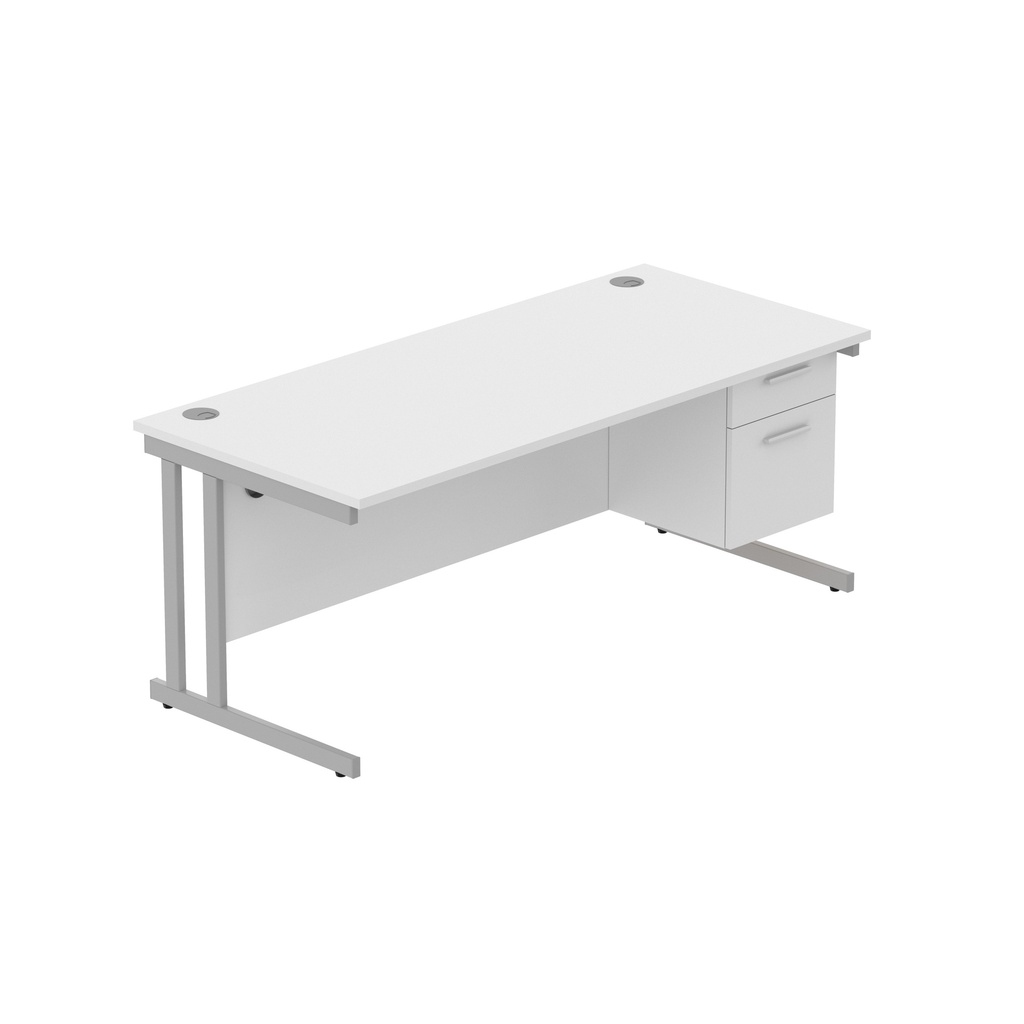 Office Rectangular Desk With Steel Double Upright Cantilever Legs + 2 Draw Fixed Pedestal  (Fsc) | 1800X800 | Arctic White/Silver